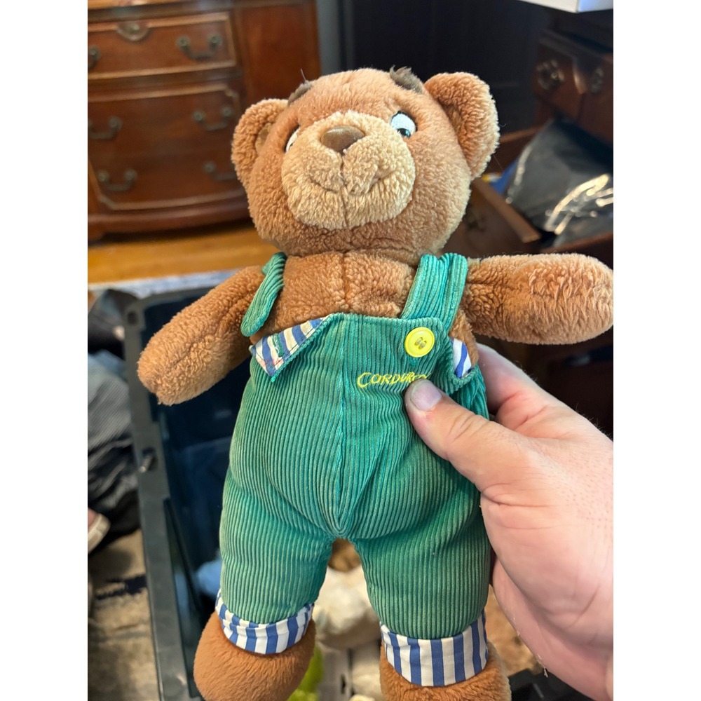 Eden Corduroy the Bear Plush Stuffed Animal Green Overalls Yellow Button 8 inch